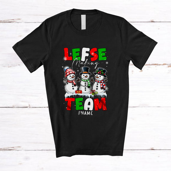 MacnyStore - Personalized Lefse Making Team; Amusing Christmas Snow Three Snowman; Custom Name Baking T-Shirt