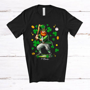 MacnyStore - Personalized Leprechaun Playing Baseball; Joyful St. Patrick's Day Custom Name Baseball Player T-Shirt