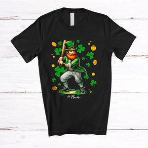 MacnyStore - Personalized Leprechaun Playing Softball; Joyful St. Patrick's Day Custom Name Softball Player T-Shirt