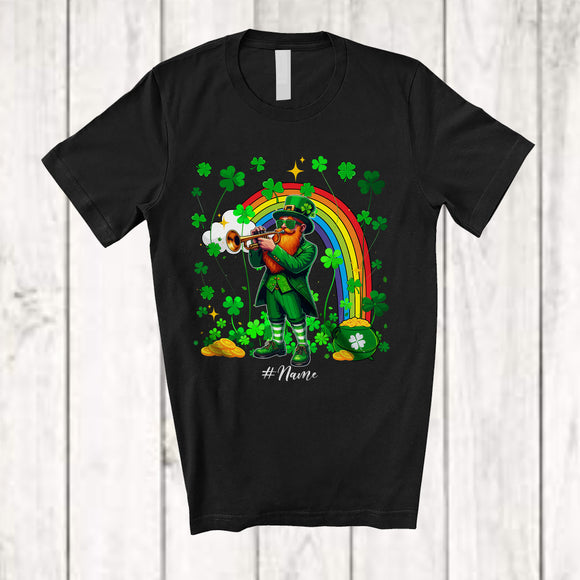 MacnyStore - Personalized Leprechaun Playing Trumpet; Amazing St. Patrick's Day Custom Name Player; Rainbow T-Shirt