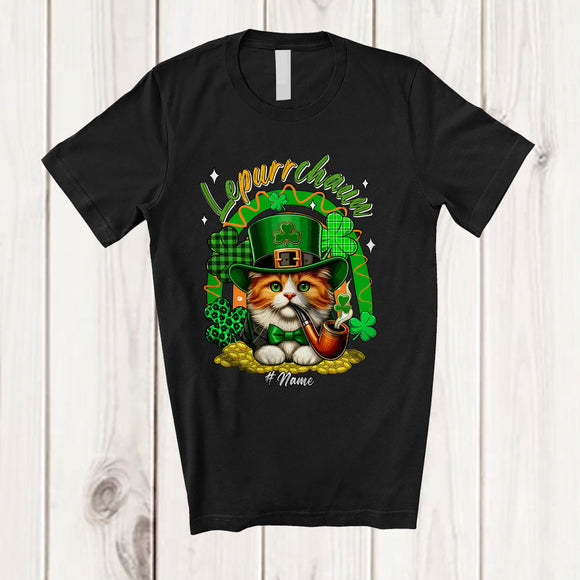 MacnyStore - Personalized Lepurrchaun; Joyful St. Patrick's Day Custom Name Cat Smoking Pipe Smoker; Rainbow T-Shirt