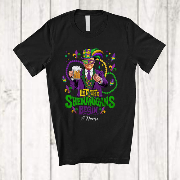 MacnyStore - Personalized Let Shenanigans Begin; Joyful Mardi Gras Mask Trump Drinking; Custom Name Drunker T-Shirt