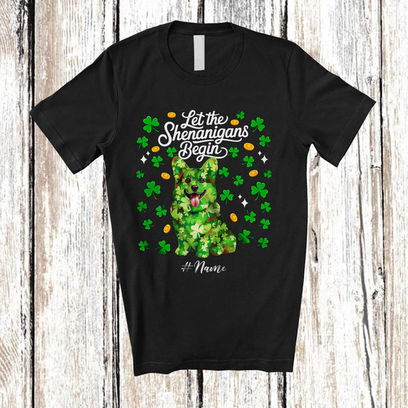 MacnyStore - Personalized Let Shenanigans Begin; Lovely St. Patrick's Day Custom Name Corgi Owner; Shamrock T-Shirt