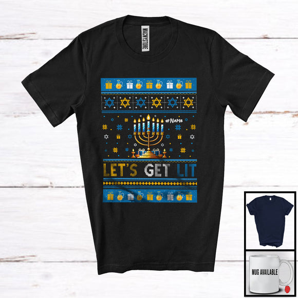 MacnyStore - Personalized Let's Get Lit; Awesome Hanukkah Sweater Custom Name Family; Menorah Lights Dreidel T-Shirt