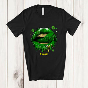 MacnyStore - Personalized Lick Lips Cosplay; Sarcastic St. Patrick's Day Lips Shamrocks; Custom Name Family T-Shirt