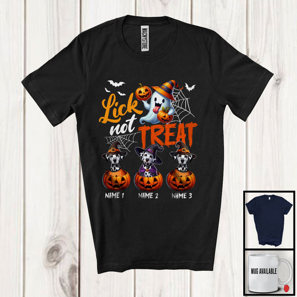 MacnyStore - Personalized Lick Not Treat, Lovely Halloween Three Custom Name Dalmatian Witch Owner T-Shirt