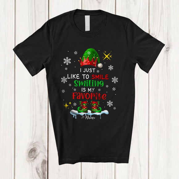 MacnyStore - Personalized Like To Smile Smiling Is My Favorite; Wonderful Christmas Elf Snow; Custom Name Family T-Shirt