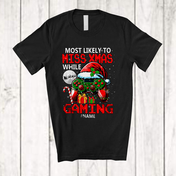 MacnyStore - Personalized Likely To Miss X-mas While Gaming; Amusing Christmas Custom Name Santa Gamer T-Shirt