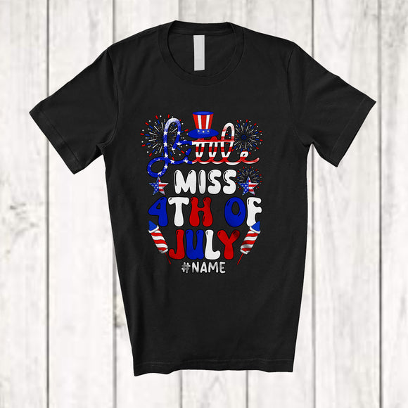 MacnyStore - Personalized Little Miss 4th Of July; Lovely American Flag Firework; Custom Name Patriotic T-Shirt