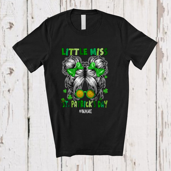 MacnyStore - Personalized Little Miss St. Patrick's Day; Lovely Custom Name Messy Bun Hair Leprechaun T-Shirt