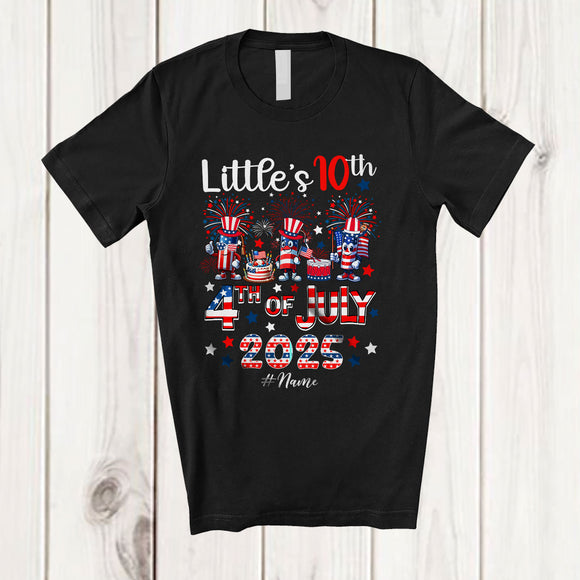 MacnyStore - Personalized Little's 10th 4th of July 2025; Joyful Birthday Three Firecracker; Custom Name Patriotic T-Shirt