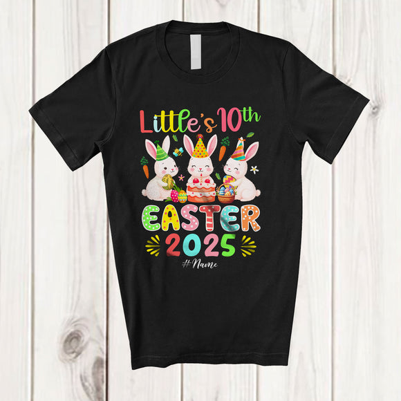 MacnyStore - Personalized Little's 10th Easter 2025; Joyful Birthday Three Bunnies Eggs Hunt; Custom Name Family T-Shirt