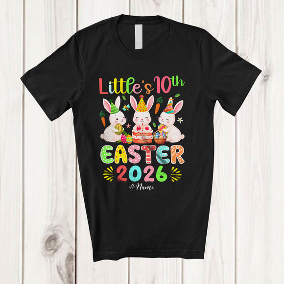 MacnyStore - Personalized Little's 10th Easter 2026; Joyful Birthday Three Bunnies Eggs Hunt; Custom Name Family T-Shirt