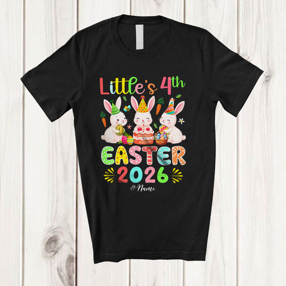 MacnyStore - Personalized Little's 4th Easter 2026; Joyful Birthday Three Bunnies Eggs Hunt; Custom Name Family T-Shirt