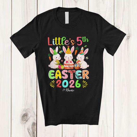 MacnyStore - Personalized Little's 5th Easter 2026; Joyful Birthday Three Bunnies Eggs Hunt; Custom Name Family T-Shirt