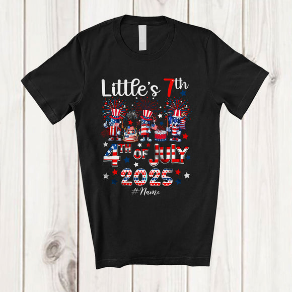 MacnyStore - Personalized Little's 7th 4th of July 2025; Joyful Birthday Three Firecracker; Custom Name Patriotic T-Shirt