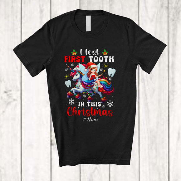 MacnyStore - Personalized Lost First Tooth In This Christmas; Joyful Custom Name Girl Riding Unicorn; Dental Squad T-Shirt