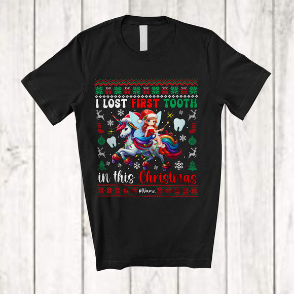 MacnyStore - Personalized Lost First Tooth In This Christmas; Joyful Custom Name Girl Riding Unicorn; Sweater Dental T-Shirt