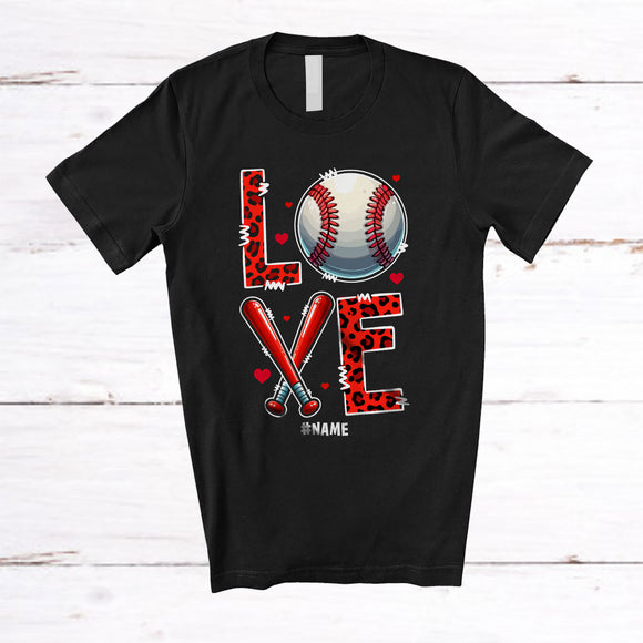 MacnyStore - Personalized Love; Joyful Valentine's Day Custom Name Baseball Player; Leopard Hearts T-Shirt