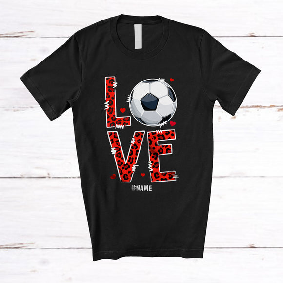 MacnyStore - Personalized Love; Joyful Valentine's Day Custom Name Soccer Player; Leopard Hearts T-Shirt