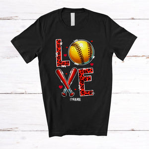 MacnyStore - Personalized Love; Joyful Valentine's Day Custom Name Softball Player; Leopard Hearts T-Shirt