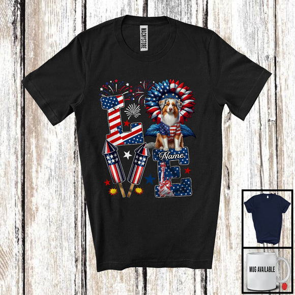 MacnyStore - Personalized Love, Lovely 4th Of July Custom Name Australian Shepherd, Sunflower Patriotic T-Shirt