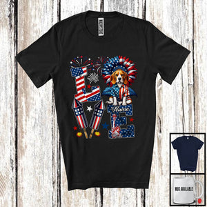 MacnyStore - Personalized Love, Lovely 4th Of July Custom Name Beagle, Sunflower US Flag Patriotic T-Shirt