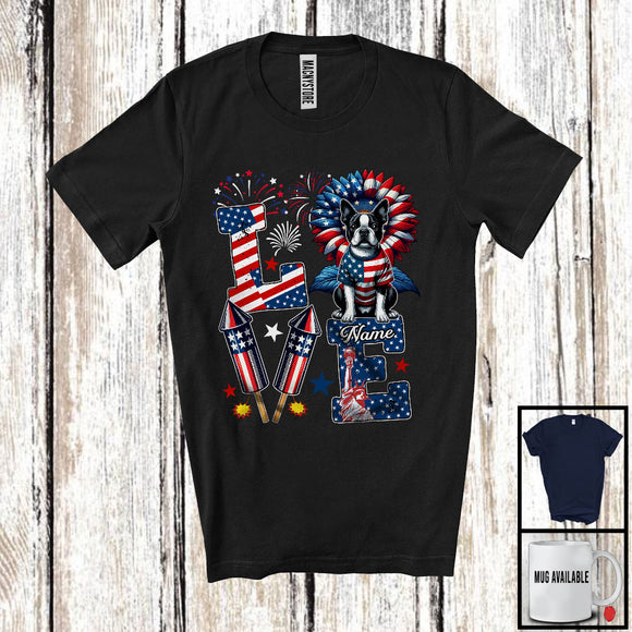 MacnyStore - Personalized Love, Lovely 4th Of July Custom Name Boston Terrier, Sunflower US Flag Patriotic T-Shirt