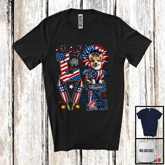 MacnyStore - Personalized Love, Lovely 4th Of July Custom Name Corgi, Sunflower US Flag Patriotic T-Shirt