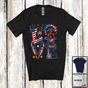 MacnyStore - Personalized Love, Lovely 4th Of July Custom Name Dachshund, Sunflower US Flag Patriotic T-Shirt