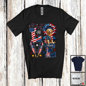 MacnyStore - Personalized Love, Lovely 4th Of July Custom Name Golden Retriever, Sunflower US Flag Patriotic T-Shirt