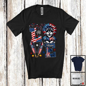 MacnyStore - Personalized Love, Lovely 4th Of July Custom Name Husky, Sunflower US Flag Patriotic T-Shirt