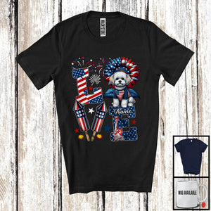 MacnyStore - Personalized Love, Lovely 4th Of July Custom Name Maltese, Sunflower US Flag Patriotic T-Shirt