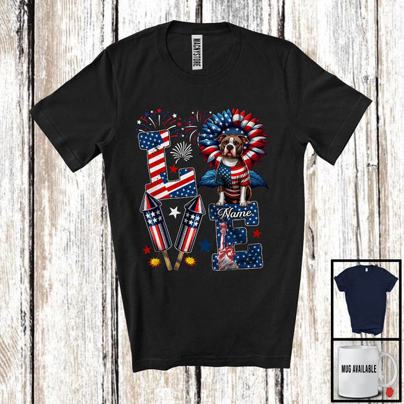 MacnyStore - Personalized Love, Lovely 4th Of July Custom Name Pit Bull, Sunflower US Flag Patriotic T-Shirt