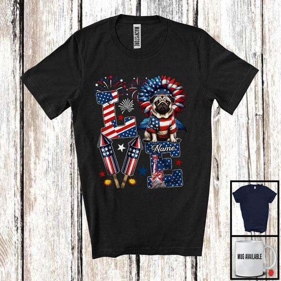 MacnyStore - Personalized Love, Lovely 4th Of July Custom Name Pug, Sunflower US Flag Patriotic T-Shirt