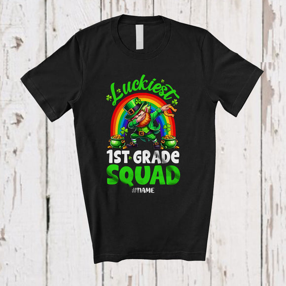 MacnyStore - Personalized Luckiest 1st Grade; Proud St. Patrick's Day Leprechaun Rainbow; Custom Name Teacher T-Shirt