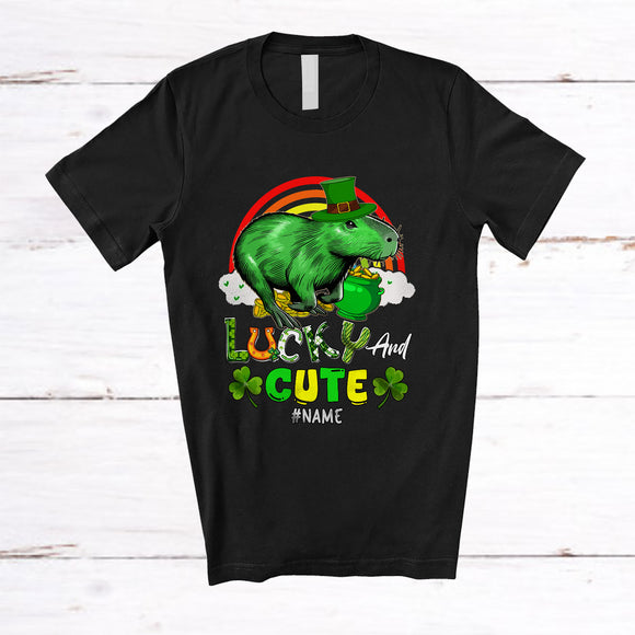 MacnyStore - Personalized Lucky And Cute; Lovely St. Patrick's Day Custom Name Capybara; Shamrocks Rainbow T-Shirt