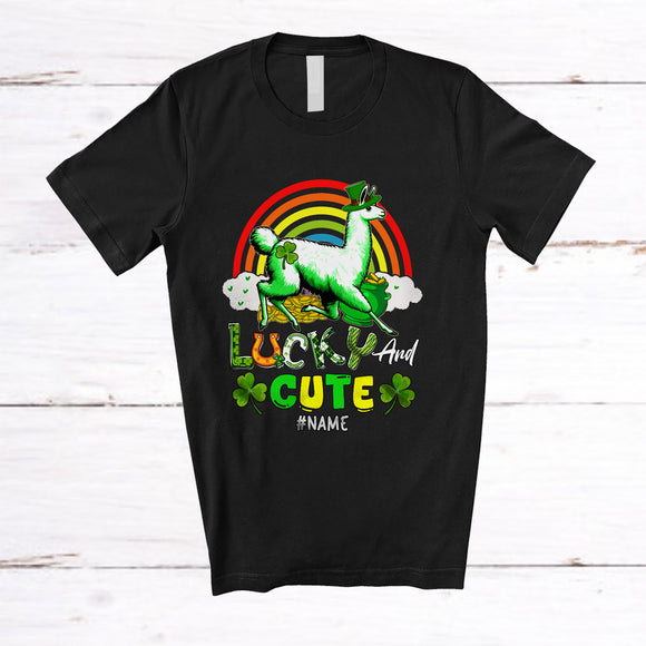 MacnyStore - Personalized Lucky And Cute; Lovely St. Patrick's Day Custom Name Llama; Shamrocks Rainbow T-Shirt