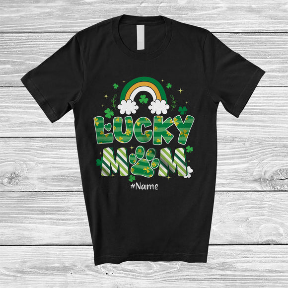 MacnyStore - Personalized Lucky Mom; Happy St. Patrick's Day Dog Paws Mom Shamrock; Custom Name Family T-Shirt