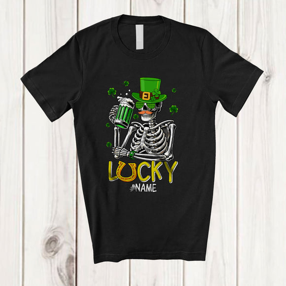 MacnyStore - Personalized Lucky; Awesome St. Patrick's Day Custom Name Skeleton Men Drinking Beer T-Shirt