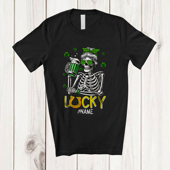 MacnyStore - Personalized Lucky; Awesome St. Patrick's Day Custom Name Skeleton Women Drinking Beer T-Shirt