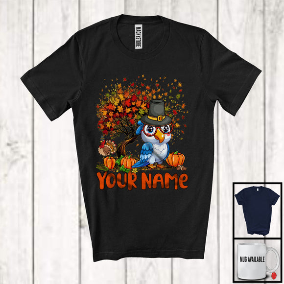 MacnyStore - Personalized Macaw Bird Pilgrim On Fall Tree, Adorable Thanksgiving Turkey, Custom Name Bird T-Shirt