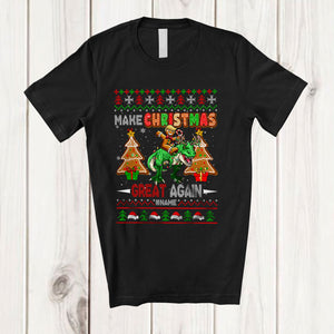 MacnyStore - Personalized Make Christmas Great Again; Humorous Sweater Gingerbread Trump Riding T-Rex T-Shirt