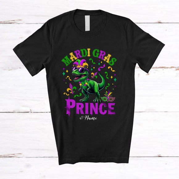 MacnyStore - Personalized Mardi Gras Prince; Amazing Custom Name T-Rex Sunglasses Jester Hat; Boys Family T-Shirt