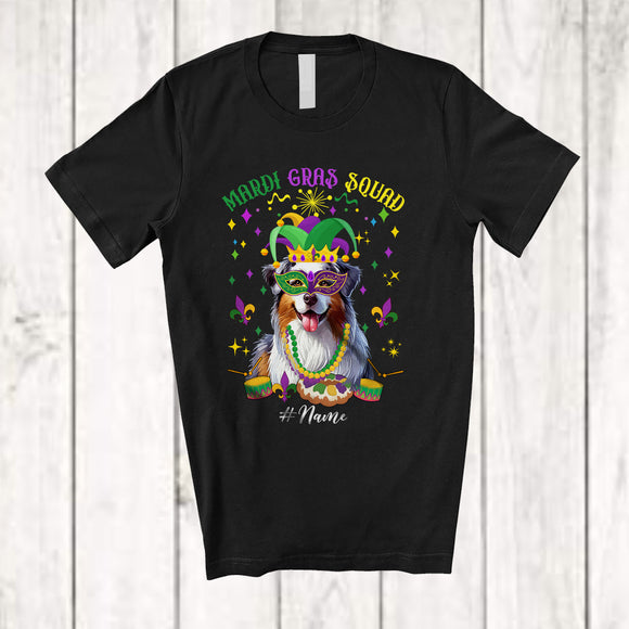 MacnyStore - Personalized Mardi Gras Squad; Adorable Custom Name Australian Shepherd Face; Masked Beads T-Shirt