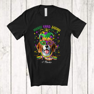 MacnyStore - Personalized Mardi Gras Squad; Adorable Custom Name Beagle Face; Masked Jester Hat T-Shirt