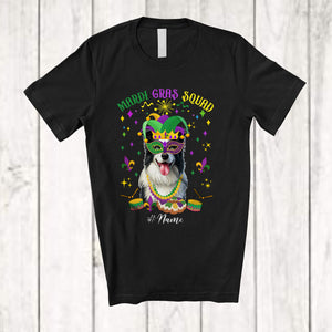 MacnyStore - Personalized Mardi Gras Squad; Adorable Custom Name Border Collie Face; Masked Jester Hat T-Shirt