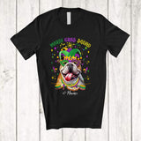 MacnyStore - Personalized Mardi Gras Squad; Adorable Custom Name Bulldog Face; Masked Jester Hat T-Shirt