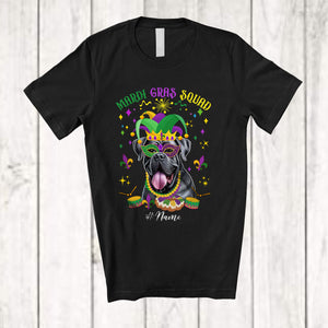 MacnyStore - Personalized Mardi Gras Squad; Adorable Custom Name Cane Corso Face; Masked Jester Hat T-Shirt