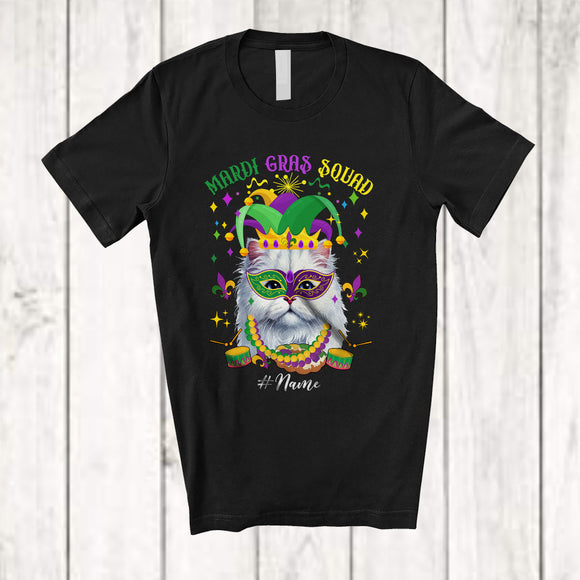 MacnyStore - Personalized Mardi Gras Squad; Adorable Custom Name Cat Face; Masked Jester Hat Beads T-Shirt